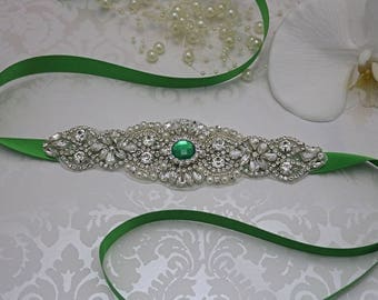 emerald green belt, crystal bridal sash, rhinestone bridal sash, bridal belt, beaded bridal belt, wedding sashes, emerald bridesmaid sash