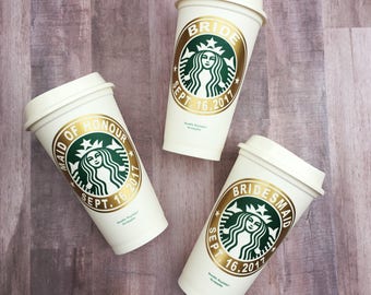 Personalized Bridal Party Gifts Starbucks Coffee Mug, Reusable Travelers Cup - Gold - Coffee Tumbler with Name,Customized Bride MOH