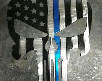 Metal Punisher Skull - American Thin Blue Line, red line