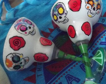 Hand Painted Margarita Glass set ~ Candy Skull ~ Cozumel ~ Mexico ~ 6 oz ~ 177 ML ~ Customization Available