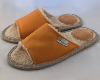 Women slippers, yellow slippers, leather slippers, wool slippers, orange slippers, open toe slippers, female slippers, women house shoes