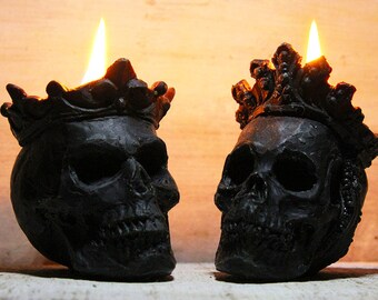 Beeswax Candle, black, skull, queen, gothic wedding, gothic, king, royal couple, sculpture, crown, scary, organic bees wax, human skull,