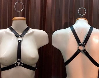 Simple X Harness - Black Leather Harness with Metal Rings