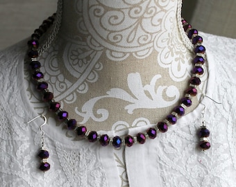 Purple Fire-polished Czech Glass Bead Earrings and 18" Necklace