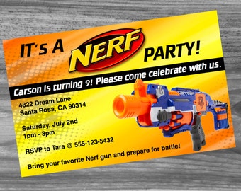 Nerf Birthday Party Invitation Custom Made - Very high quality and fast turn around!