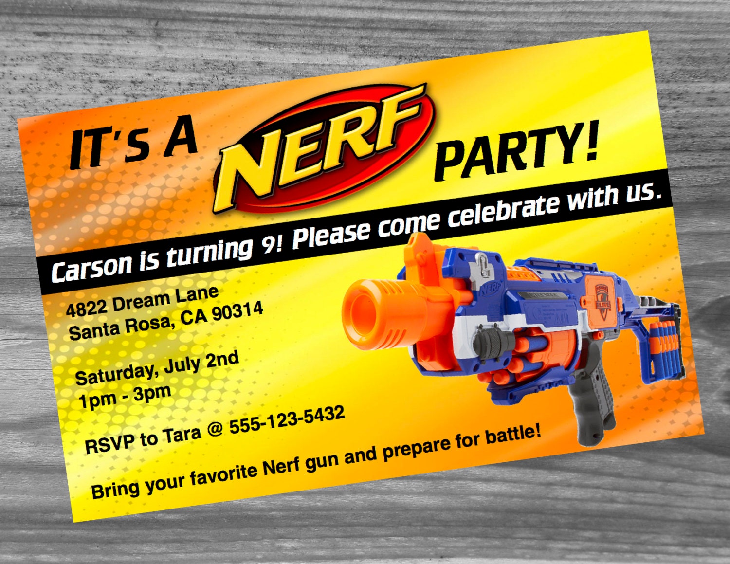 Nerf Birthday Party Invitation Custom Made Very High Quality