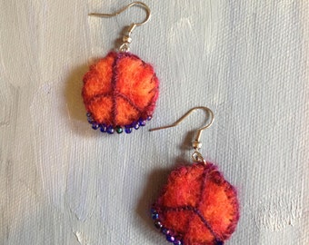 handmade woolen felt red orange peace earring