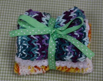 Knit Dish Cloths, White/Yellow/Blue Multi