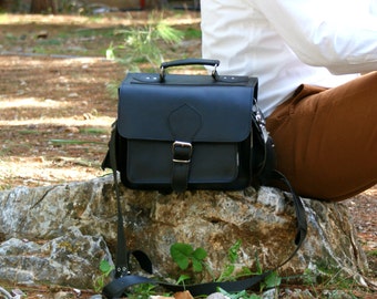 leather camera bag/ DSLR carry leather case/ camera shoulder bag/ camera leather satchel/ classic camera case in black color/ code 90