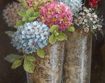 Still life with hydrangeas in silver goblets - 50x80 cm