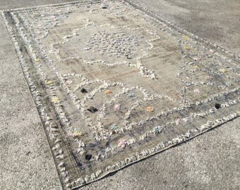 7'2x11'1 feet, beige rug, vintage rug, floor rug,distressed rug, Oushak rug, 310x195cm ,tulu rug, unique rug,moroccan rug, pompom rug, p-401