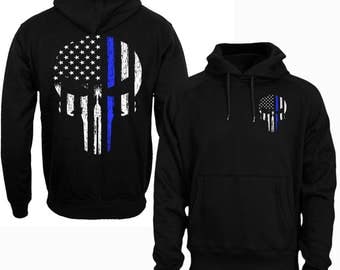 Thin Blue Line Hoodie Police Hoodie Thin Blue Line Shirt Skull USA Flag Men's Hoodie