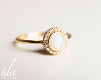 Opal Engagement Ring - Opal Ring - Halo Engagement Ring - Opal Jewelry - 14K Gold Ring - Dainty Gold Ring - Anniversary Gifts For Women