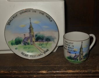 Smallest Church In The World Near Festina Iowa IA Vintage Souvenir Tea Cup and Saucer Made In Japan Hand Painted by G Nov Co