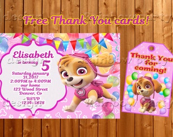 Skye Paw Patrol invitation + Thank you, Paw patrol birthday invitation, Paw patrol party, Paw patrol printables, Skye Paw patrol, Tags, Skye
