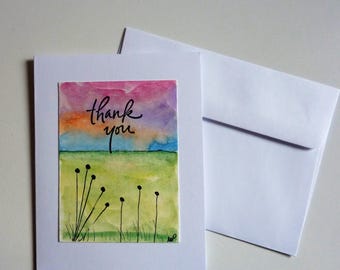 Hand Painted Thank You Card, Hand Made Card, Original Painting, Ink and Watercolor, green fields, sunset, thank you, miniature painting