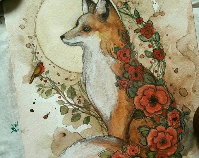 ORIGINAL painting by Tatiana Boiko, Dreamy Fox, wall art, wall decor, wall hanging, forest, gift, Russian art, watercolor art home