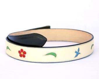 Handmade Belt Cream with Inlaid Bluebird & Floral Designs sz 36"