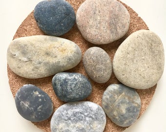 CLEARANCE SALE! Beach stones / pebbles on round absorbent cork coaster, beautiful coastal beach eco natural decor. NC