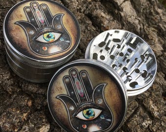 Talk to the hand Hamsa 63mm 4 part full color herb weed grinder.