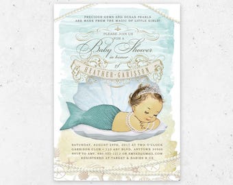 Mermaid Baby Shower Invitation - Printable Digital File - Ocean, Under the Sea, Aqua, Green, Seafoam, Sea Shell, Retro, Vintage Baby Shower