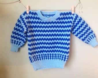 Vintage Hand Knit Blue Chevron Sweater Jumper - Size 2T