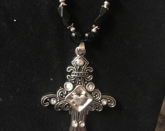Black and silver heart cross beaded necklace and earrings set