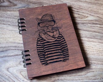 Cat notebook Wooden notebook Wood journal Travel journal Engraved notebook Custom journal Sketchbook Laser engraved journal