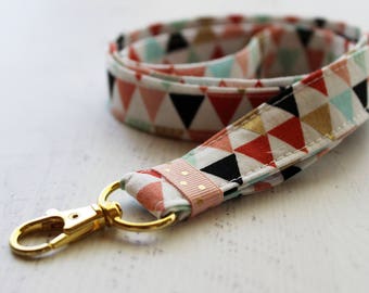 Coral and gold fabric lanyard - 3/4 inch wide lanyard - cute key lanyard - ID holder - key lanyard - teachers lanyard - Work ID lanyard
