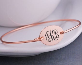 Rose Gold Bracelet, Monogrammed Bracelet, Rose Gold Monogram Jewelry, Monogrammed Bangle Bracelet, Personalized Bridesmaid Gift
