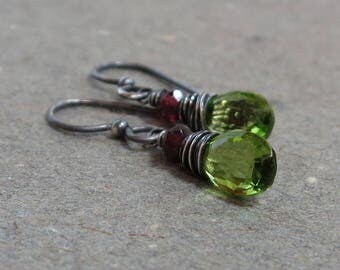 Peridot Earrings August Birthstone Pink Tourmaline Oxidized Sterling Silver Wire Wrapped