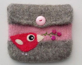 Felted pouch gray pink wool bag cozy hand knit needle felted fuchsia pink birdie flowers