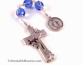 Miraculous Medal Blue Three Hail Mary Rosary Chaplet w Italian Lily Crucifix by Unbreakable Rosaries