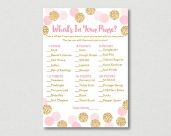 Blush Pink & Gold What's In Your Purse Game / Glitter Bridal Shower / Glitter Dots / Confetti Bridal Game / Printable INSTANT DOWNLOAD B107