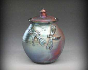 Raku Dragonfly Urn or Lidded Pot in Iridescent and Metallic Colors