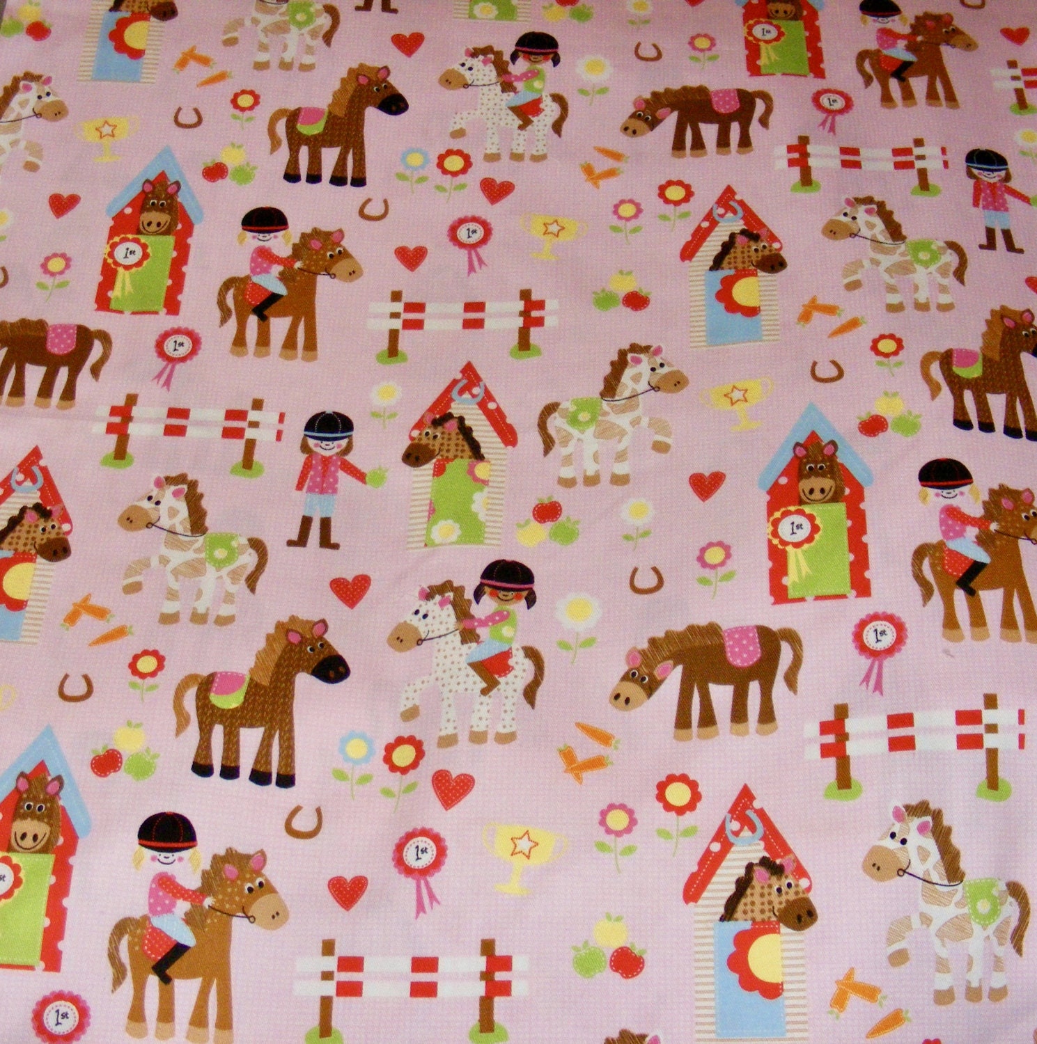 Cotton Pink Fabric with Horses and Little Girl Rider from