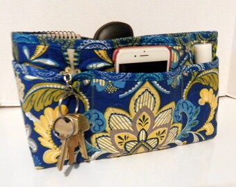 Quilted Purse Organizer Insert With Enclosed Bottom Large - Royal Blue Print