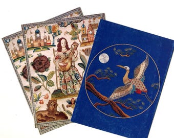 Vintage Embroidery Note Cards Set of 3 Lute Player 17th Century Tapestry and Exotic Bird Unused Vintage Paper Stationery Post Card