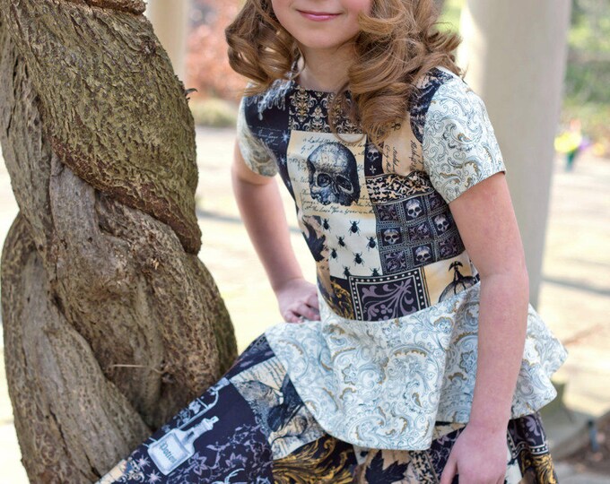 Steampunk Wedding - Flower Girl Dress - Toddler Clothes - Pageant - Edgar Allen Poe - 2 pc Outfit - Peplum Top Circle Skirt - 2T to 8 years