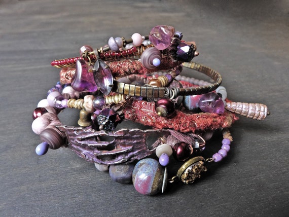 Rustic bangle stack in plum purple. Beaded stitched textile bohemian bracelet set "Chimerical"