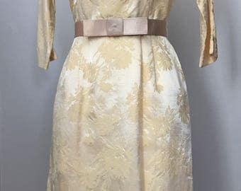 Vintage 50s 60s Cream Damask Wiggle Dress Bow Belt M