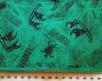 Dark Kelly Green and Black Hawaiian Polynesian Tribal Tropical Cotton print almost 3yd
