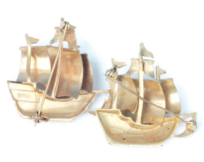 Two Damascene Brooches Sailing Ships Galleons Toledo Ware Spain