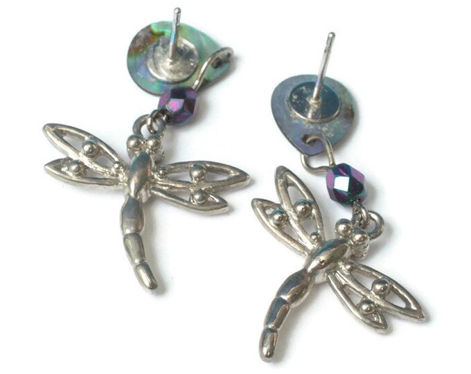 Dragonfly Abalone Figural Dangle Earrings Silver Tone Posts Vintage