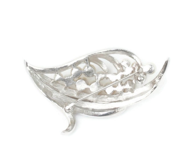 Trifari Faux Pearl Foliate Brooch Silver Tone Vintage