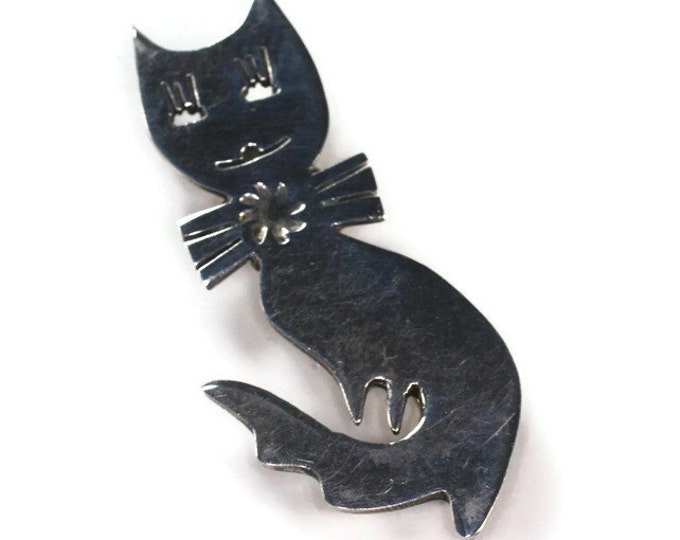 Smiling Cat with Bow Tie Brooch Sterling Silver Cut Out Design Curled Tail Taxco Mexico Signed