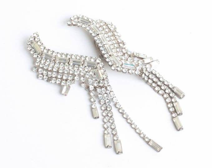 Long Rhinestone Crystal Dangle Earrings Baguettes Chatons Clip On Vintage