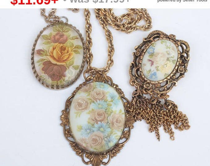 Last Chance Sale Three Piece Floral Design Lot 2 Necklaces 1 Brooch Porcelain Transfer Glass Vintage