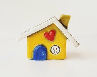 Little Clay House Whimsical Little Yellow House with a Cobalt Blue Door | Ceramic Fairy House Gnome Home | Whimsical Terrarium Decoration