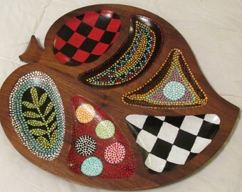 Buffalo check hand painted vintage walnut wood dish dots folk art upcycled
